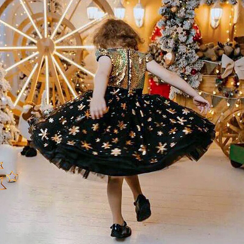 Fancy Girls Golden Sequin Tutu Dress Kids Snowflake Dresses Princess Costume