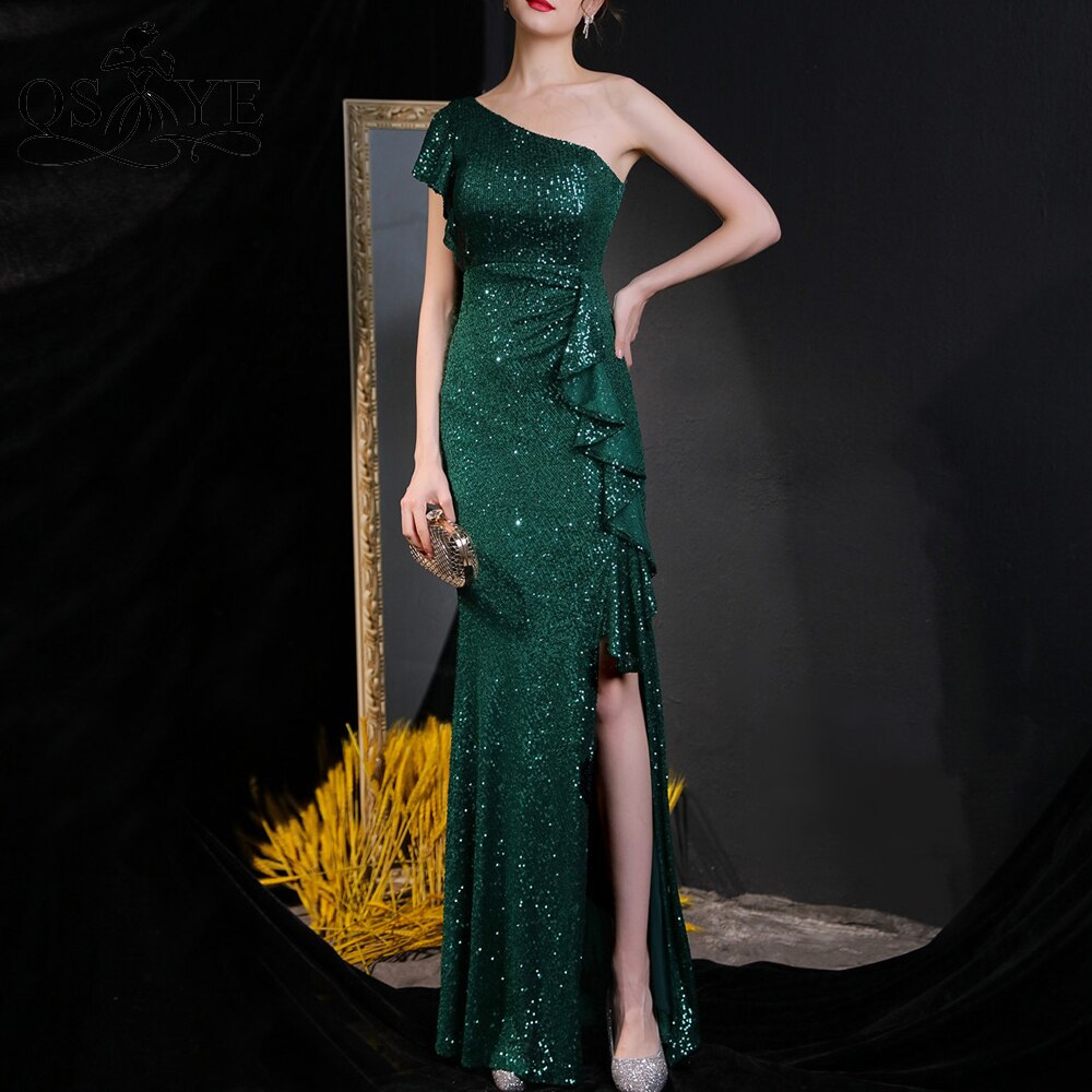 Evening wear Dresses: One Shoulder Silver Prom Dresses Ruffles Sequin Sheath
