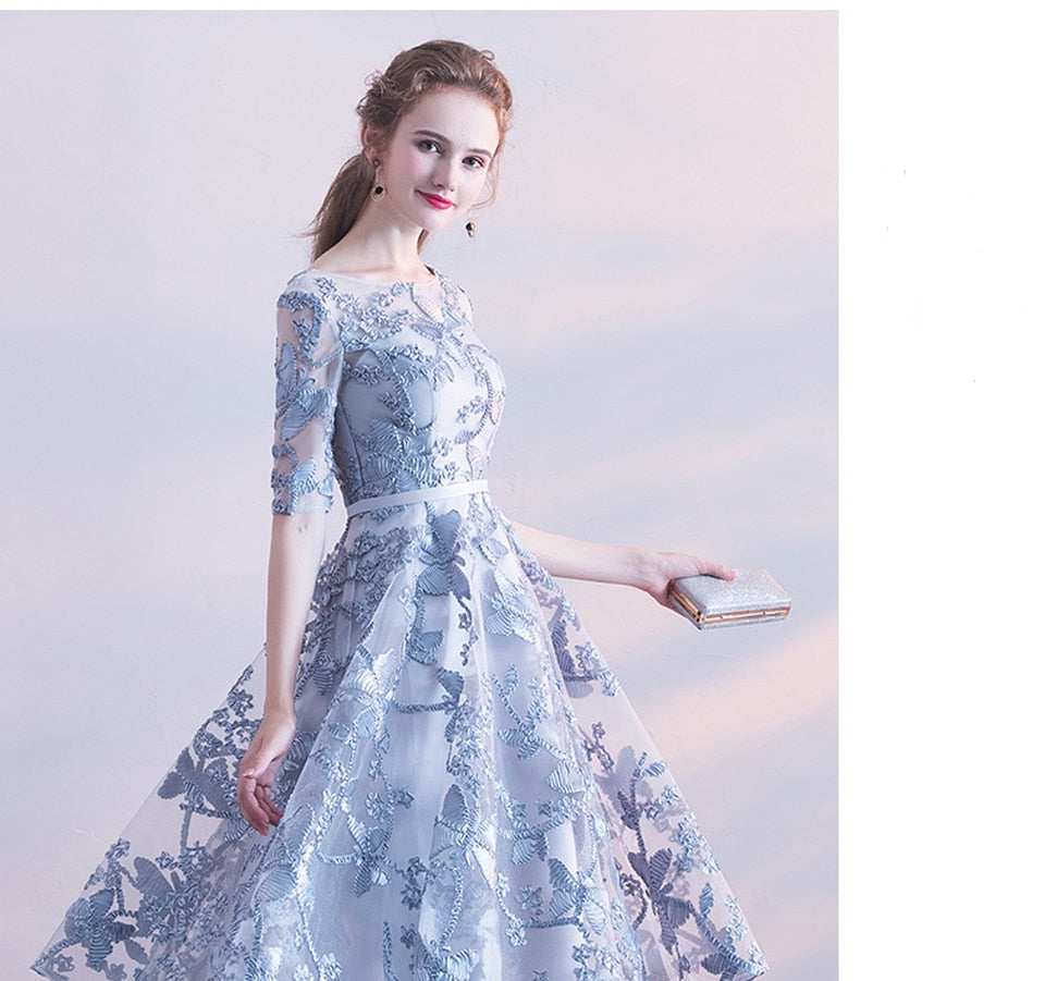 Homecoming Dresses: Navy Blue Silver Gray Pink Short Prom Dresses Appliques Lace