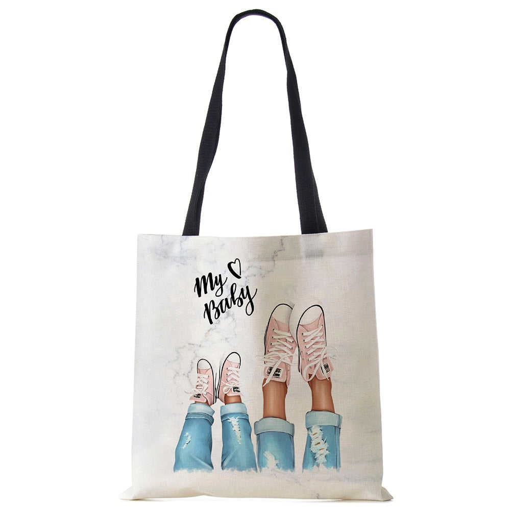 Cute Cartoon Super Mama Print Linen Tote Bag Reusable Shoulder Bags Mom