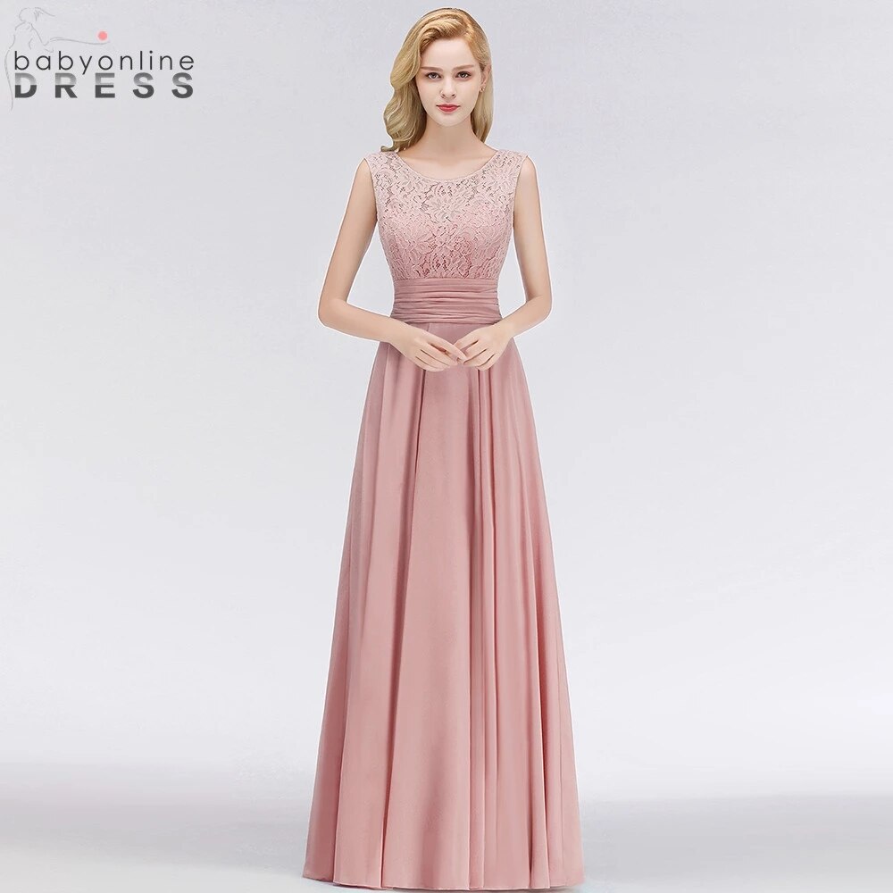 Homecoming Dresses: Dusty Pink Lace Long Bridesmaid Dresses Stretchy A Line
