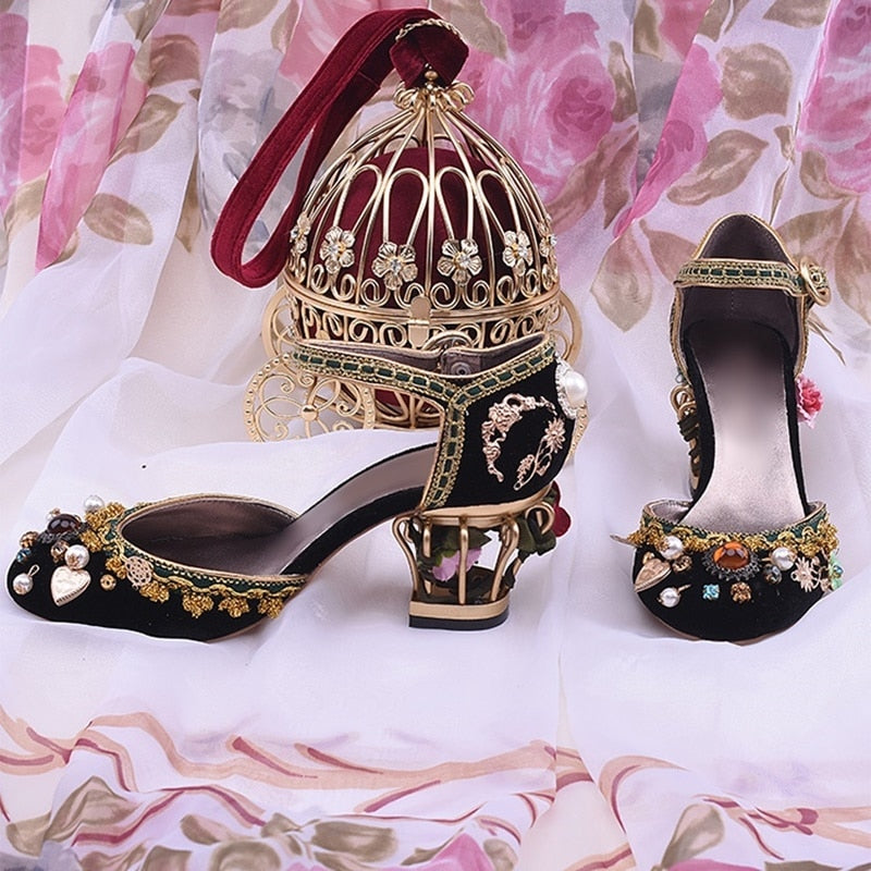 Retro Birdcage Flower Heels Banquet Shoes Red Black Blue Velvet Square Heels