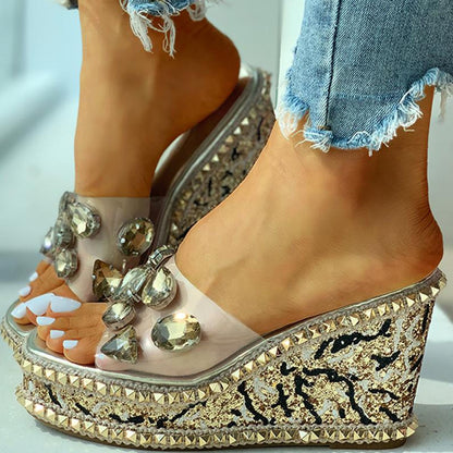design crystals rivets clear platform high heels leisure slipper wedges sandals