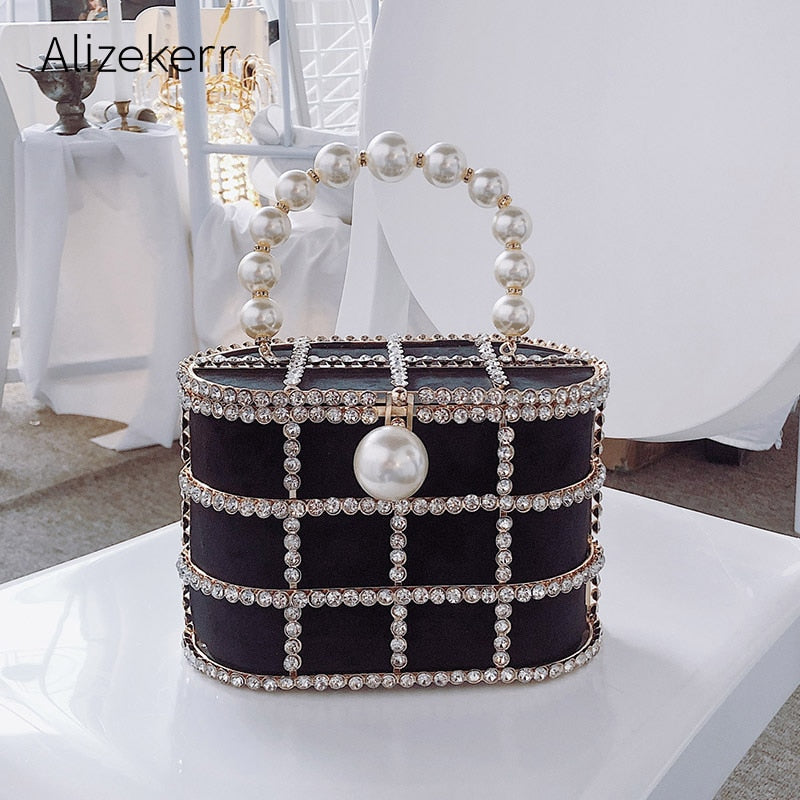 Diamonds Basket Evening Clutch Bags Women Luxury Hollow Out Pearl Beaded