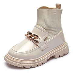 Metal Chain Girls Boys Fashion Boots PU Leather Knitting Patchwork Slip On Kids