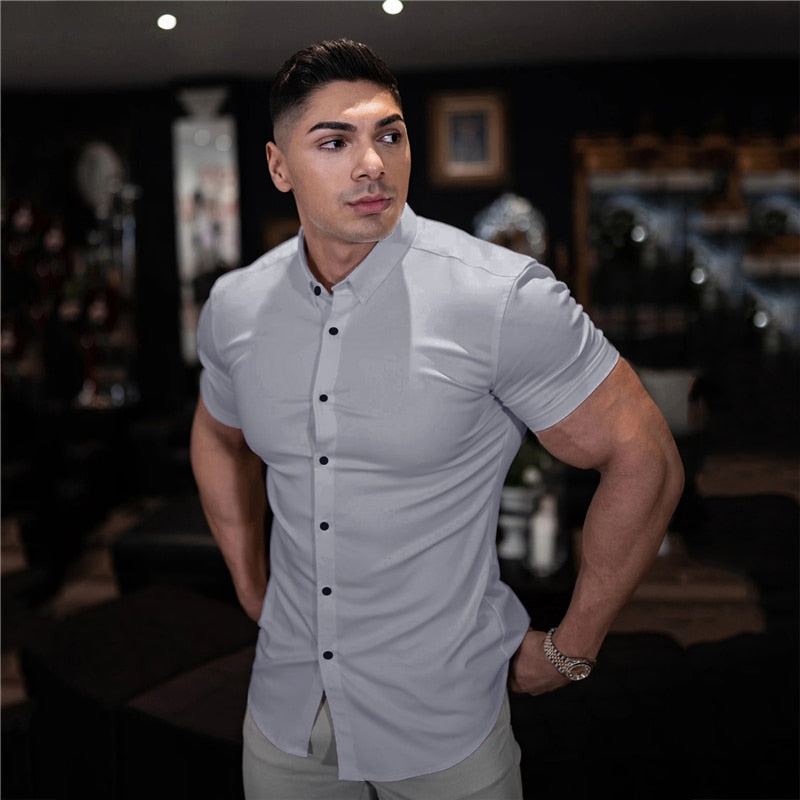 Men Fashion Casual Short Sleeve Solid Shirt Super Slim Fit Male Social