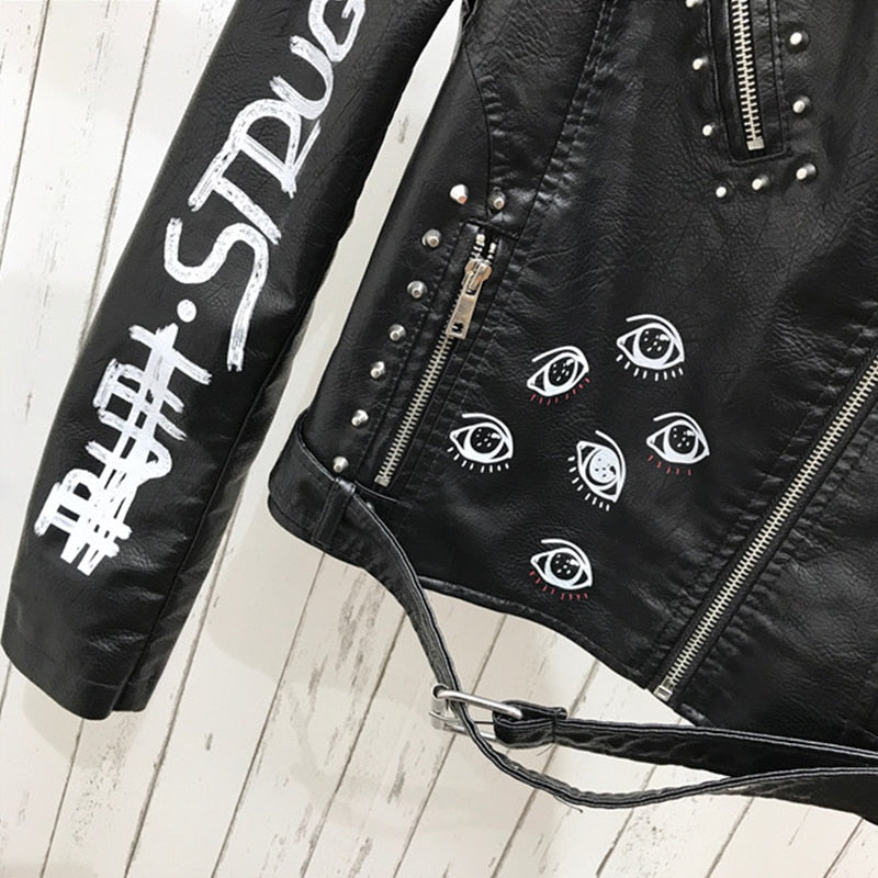 Spring  Women Faux Leather Jacket Turn-Down Collar Letter