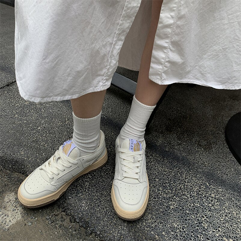 Sneakers Genuine Leather Shoes Woman Flat Lace up Shoes Round Toe