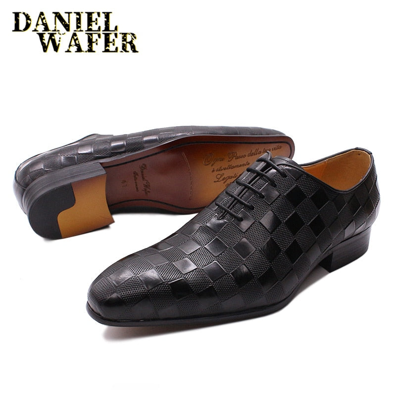 Luxury Italian Oxford Men Dress Shoes Fashion Hand-made Plaid