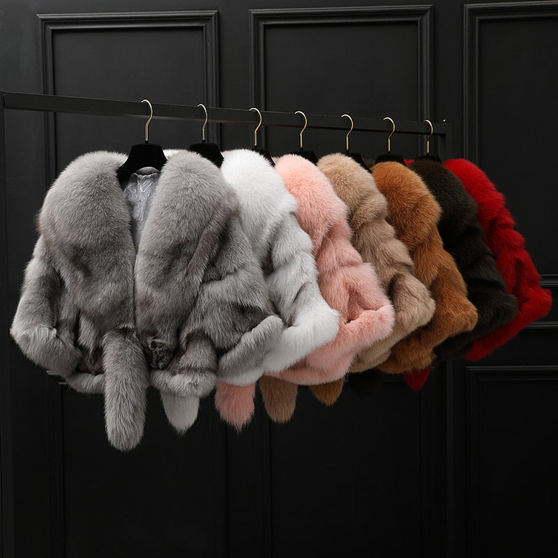 Winter Cloak Warm  Women Cardigan big real Fox Fur Collar Cape Fashion Solid