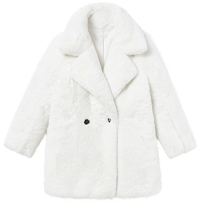 Lautaro Winter Warm White Faux Fur Coat Women Long Sleeve Lapel Double