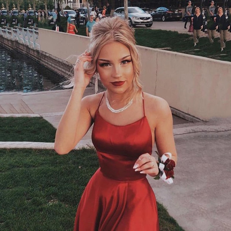 Homecoming Dresses: Neck Prom Dresses Backless Front Split Satin A-line Prom