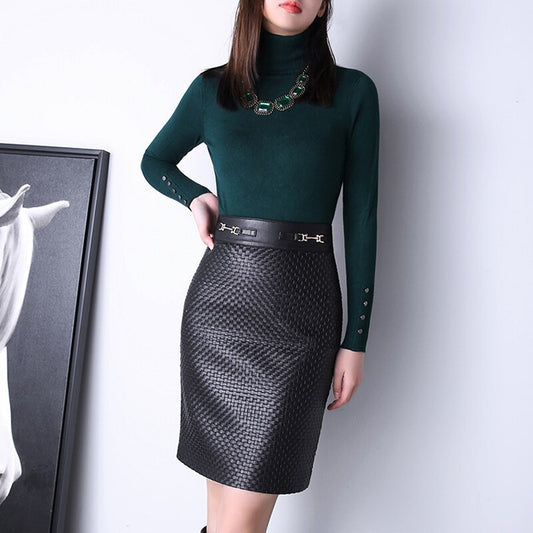 Luxury Leather Clothing Women Stylish Knitted Skirt Female High Waist Weaving