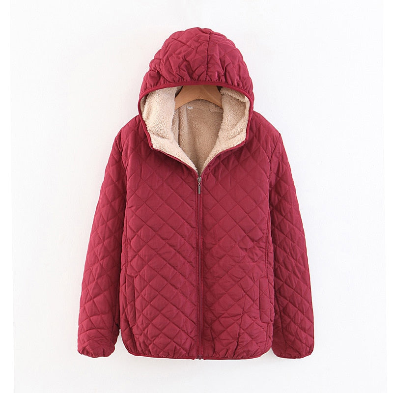 Women Autumn Winter Parkas Coat Jackets Female Lamb Hooded Plaid