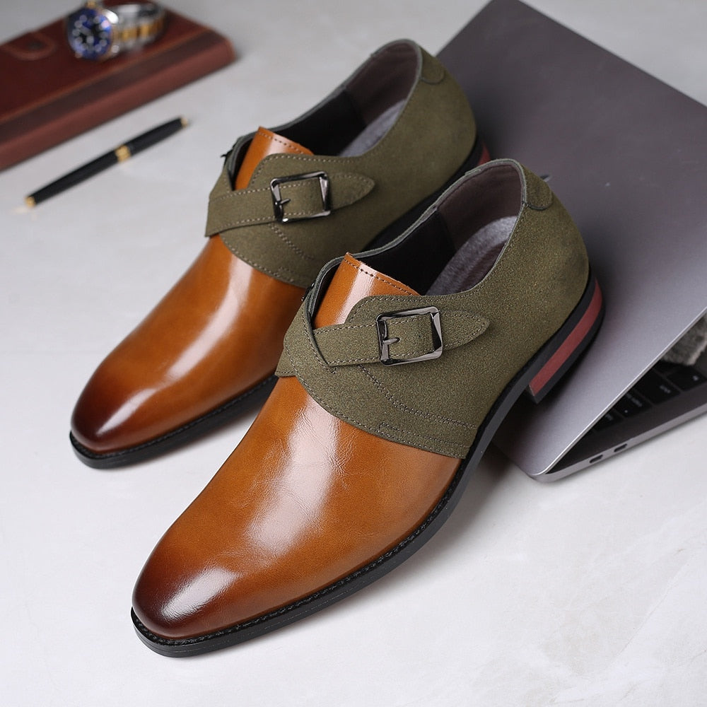 Stitching Buckle Derby Shoes Men Leather Dress Shoes
