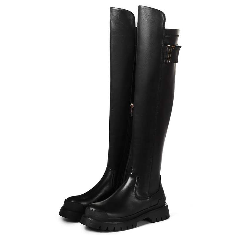 cow leather platform thigh high boots round toe casual