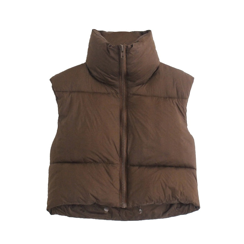 Women Fashion Brown Cropped Vest Coat Female Stand Collar Zipper