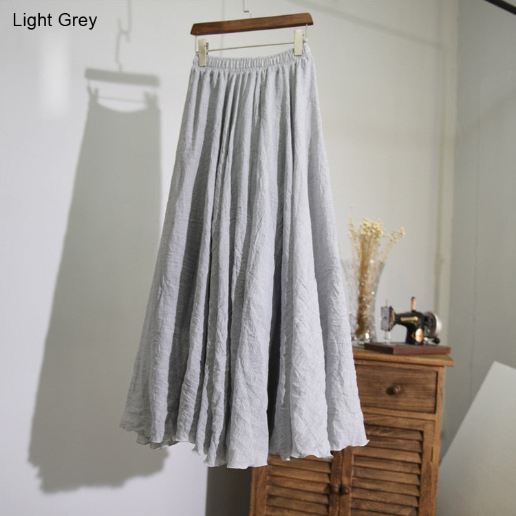 Women Elegant High Waist Linen Maxi Skirt Summer Ladies Casual