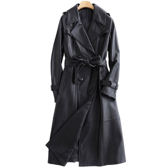 Lautaro Long black leather trench coat for women long sleeve belt lapel