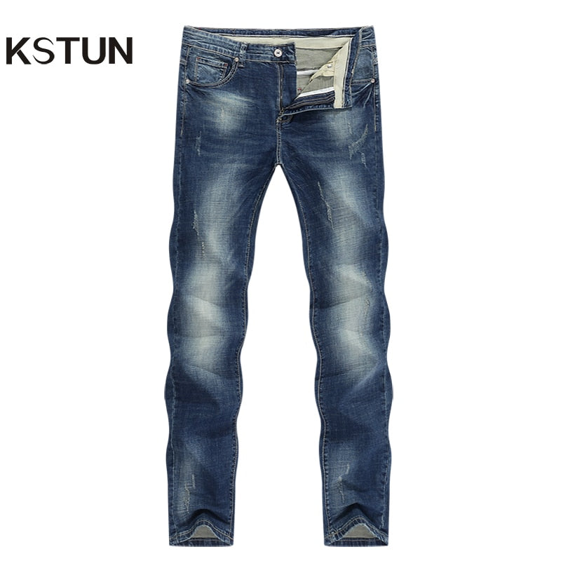 Dark Blue Jeans Men Stretch Slim Straight Regular Fit Spring Casual Pants Denim