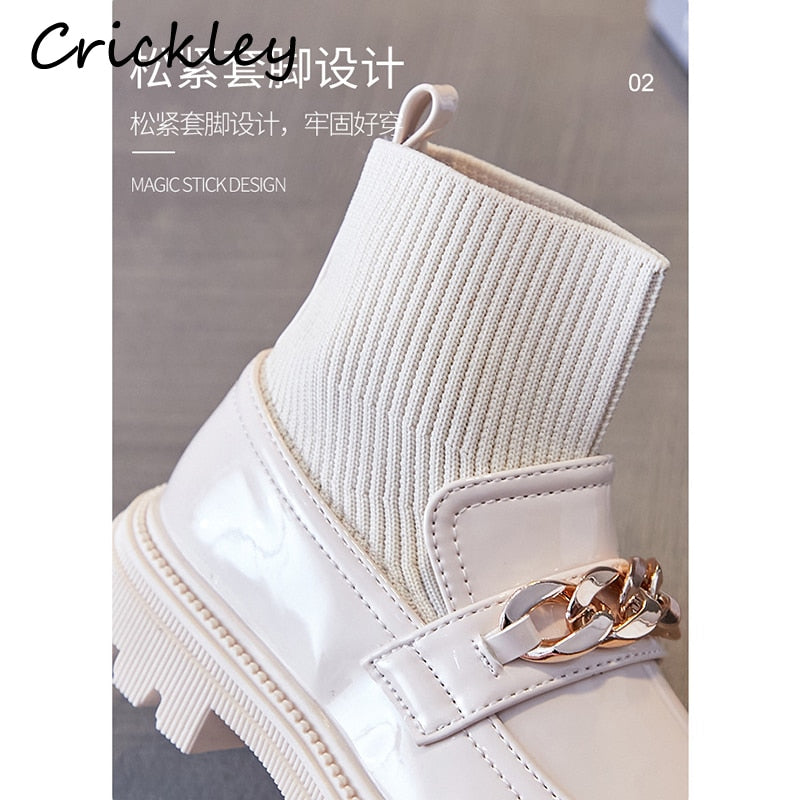 Metal Chain Girls Boys Fashion Boots PU Leather Knitting Patchwork Slip On Kids