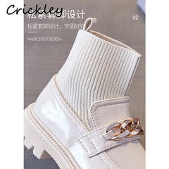 Metal Chain Girls Boys Fashion Boots PU Leather Knitting Patchwork Slip On Kids