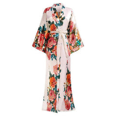 Women Exquisite Print Flower Kimono Gown Wedding Robe Elegant Ankle-length
