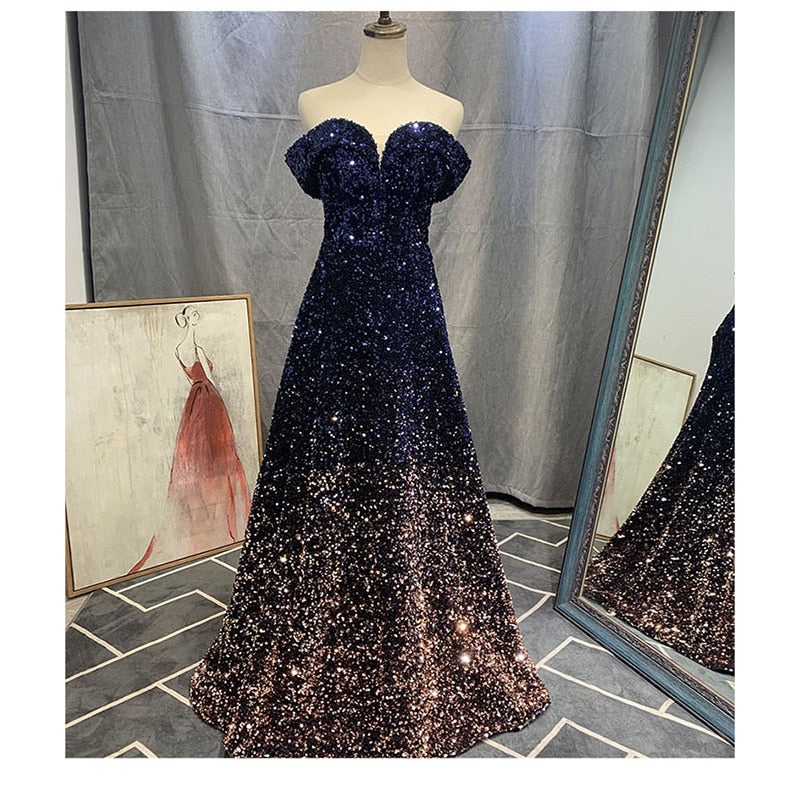 Evening wear Dresses: Prom Dresses Star Sky Vestidos De Gala Off Shoulder Sequins