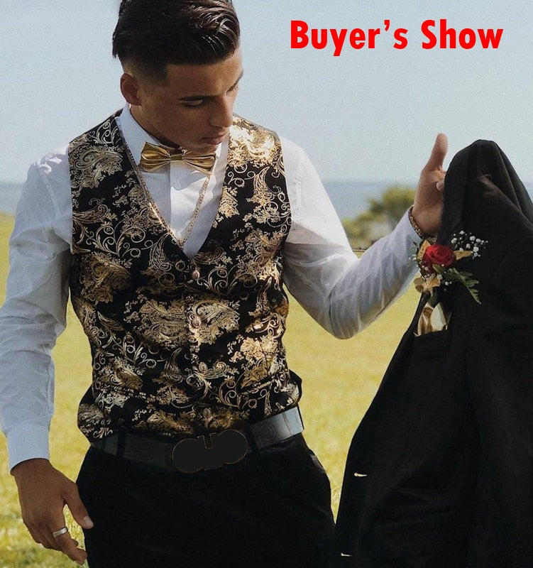 Gold Steampunk Vest Men Suit Gilet Homme Wedding Sleeveless Slim Fit