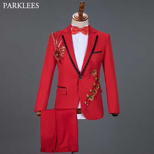 Red Diamond Floral Men Suits for Wedding Mens Suits 3 Piece Blazer Pant Bow