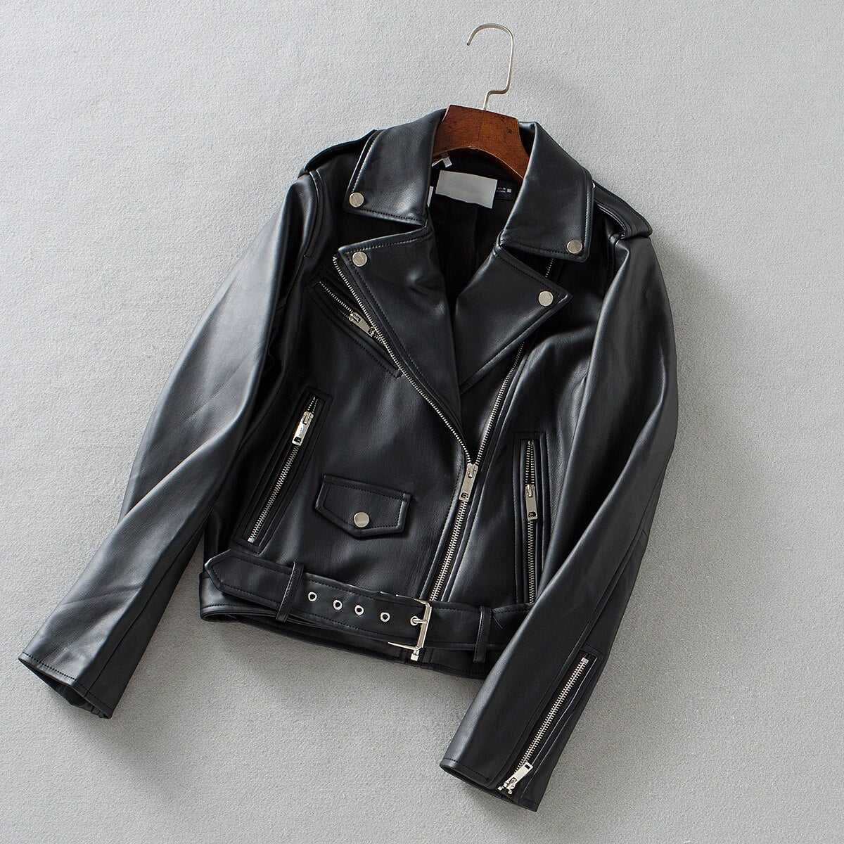 Spring Autumn Women Zippers V-neck Faux Leather Jacket