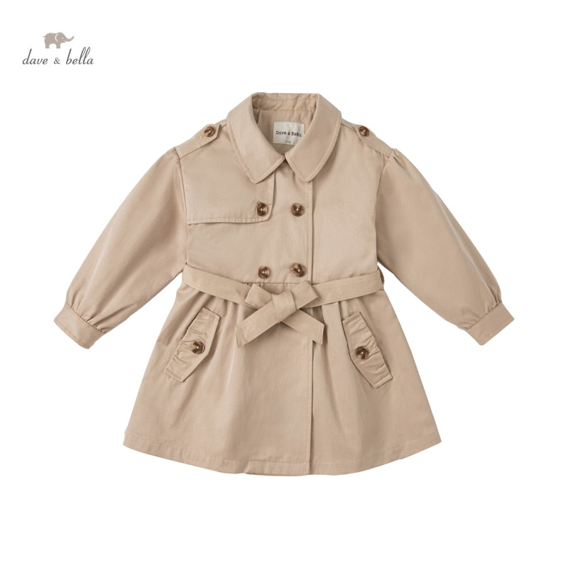 spring kids girls fashion solid  button pockets hooded coat