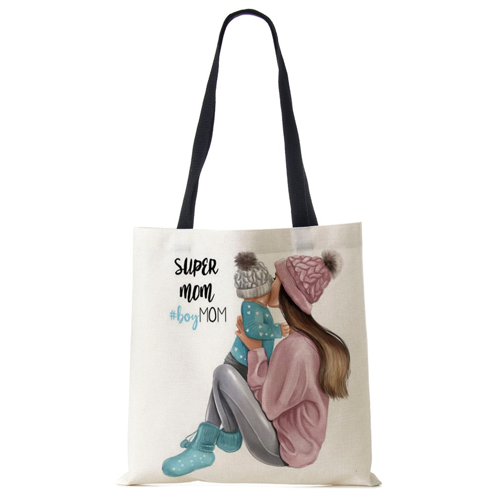 Cute Cartoon Super Mama Print Linen Tote Bag Reusable Shoulder Bags Mom