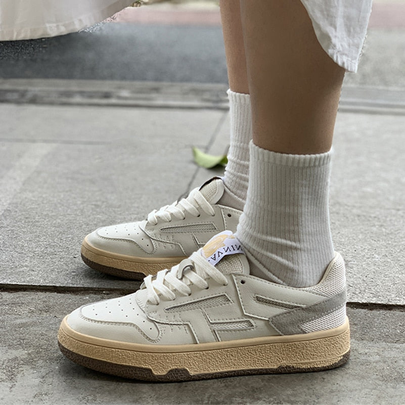 Sneakers Genuine Leather Shoes Woman Flat Lace up Shoes Round Toe