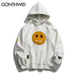 Zipper Pocket Smiley Face Patchwork Fleece Hoodies Sweatshirts Streetwear