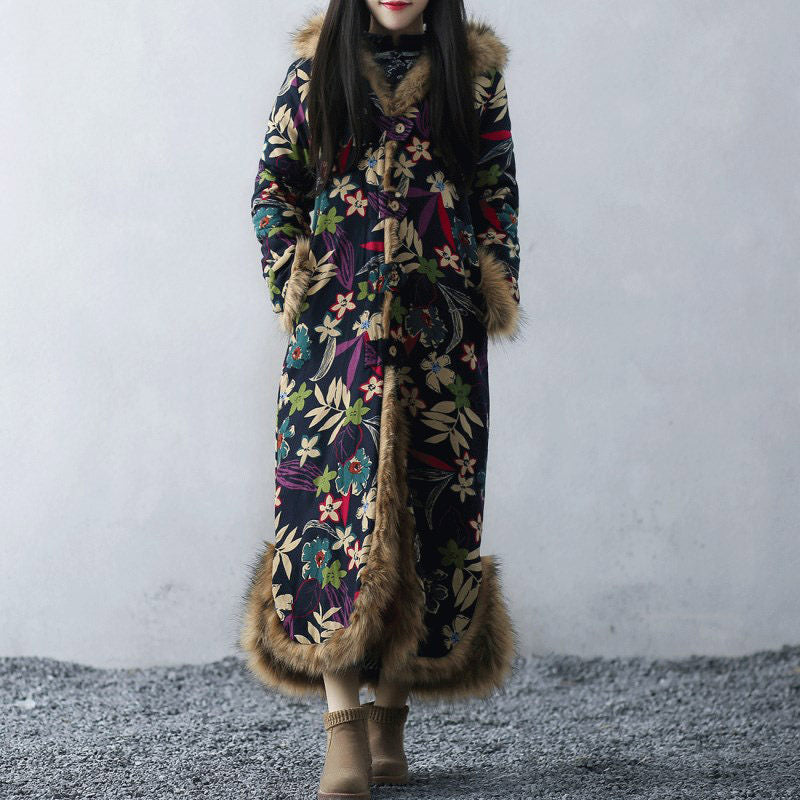 Ethnic Style Winter Coat Fur Collar Long Dust Coat Windbreaker Cotton Linen