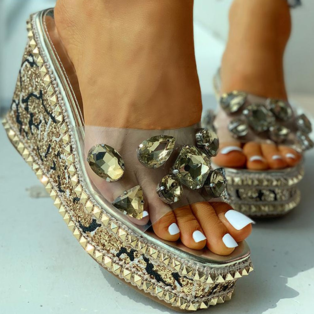 design crystals rivets clear platform high heels leisure slipper wedges sandals