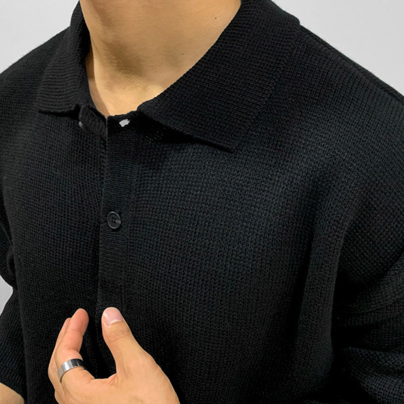 men wear knitted Polo shirts Autumn new single breasted tops loose