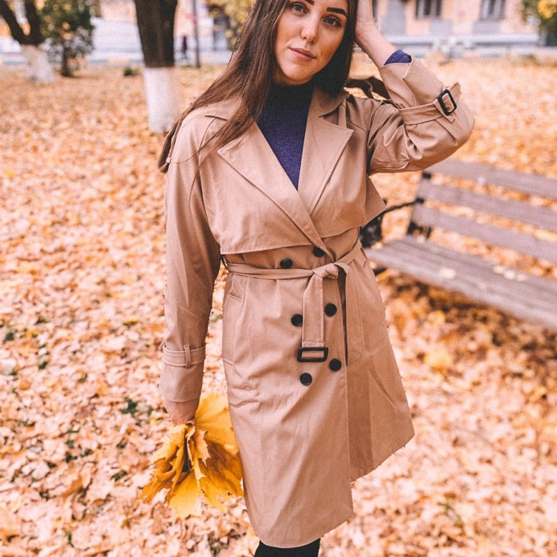 Autumn Winter Elegant Women Double Breasted Solid Trench Coat