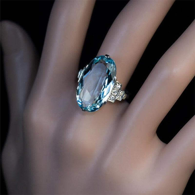 Female Light Sky Blue Wedding Ring Solitaire Band Oval Stone Engage Party
