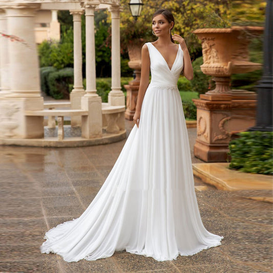 White Bridesmaid Dresses: Wedding Dress For Bride V Neck Sleeveless A Line Pleats