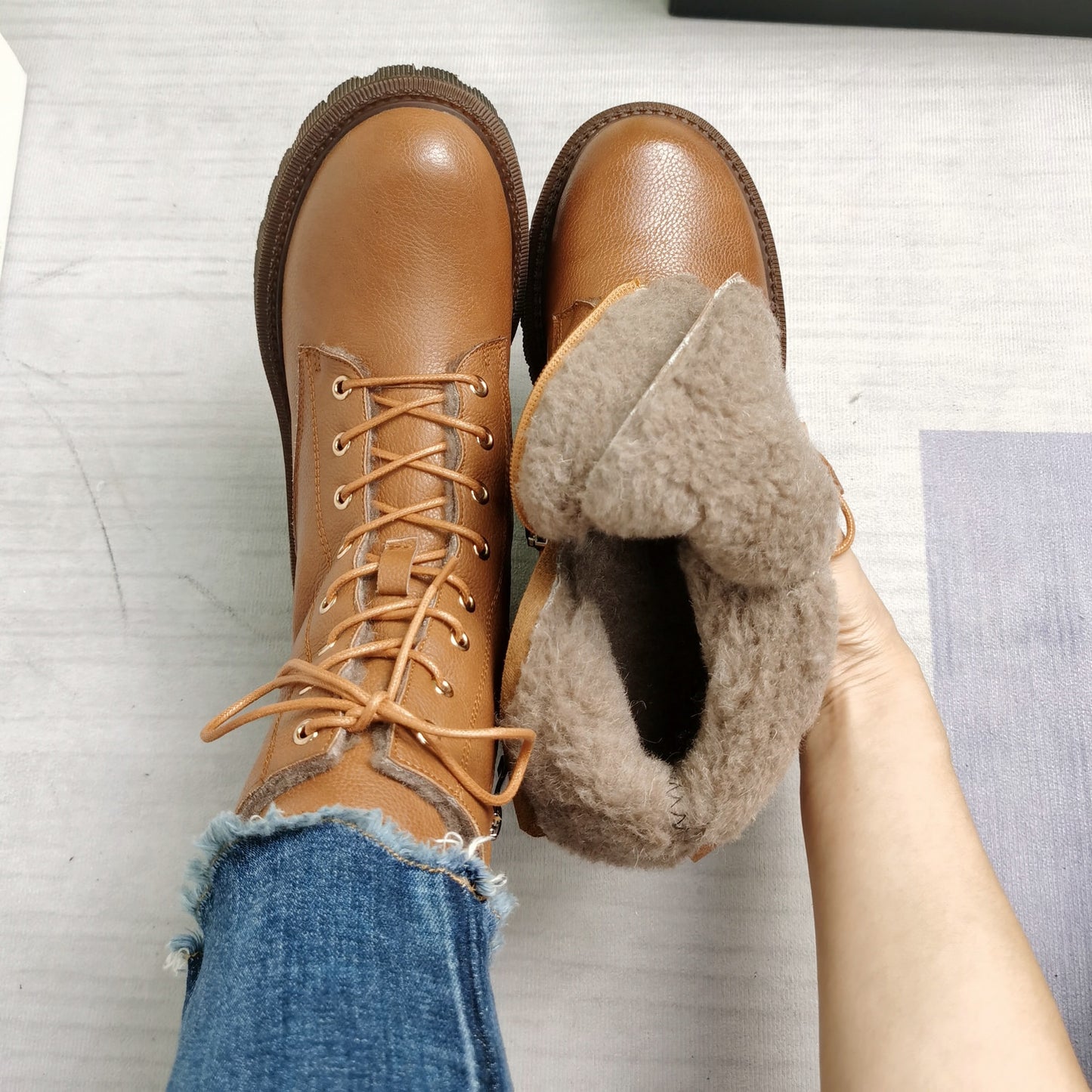 Women Ankle Boots Wool Fur Platform Fashion Warm Mid Heel Motorcycle Boots