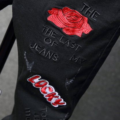 Men red flower letters embroidery black jeans Fashion badge stretch denim pants