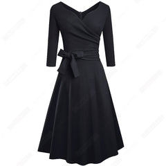 Women Classic Vintage V Neck Bow Party Casual Elegant Charming A Line Dress