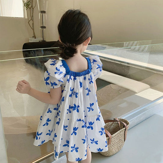 Summer Girls Dress Fashion Puff Sleeve Square Neck Sweet