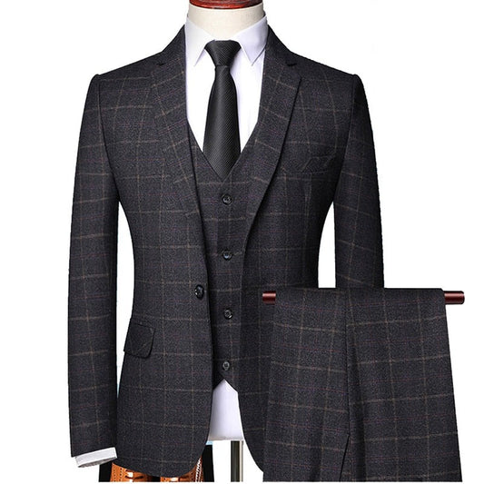 Shenrun Men 3 Pieces Suit Spring Autumn Plaid Slim Fit Business Formal