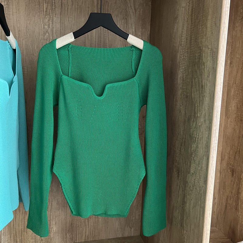 Square Collar Long Sleeve Woman Sweaters Knitted Pullover Women