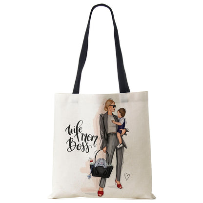 Cute Cartoon Super Mama Print Linen Tote Bag Reusable Shoulder Bags Mom