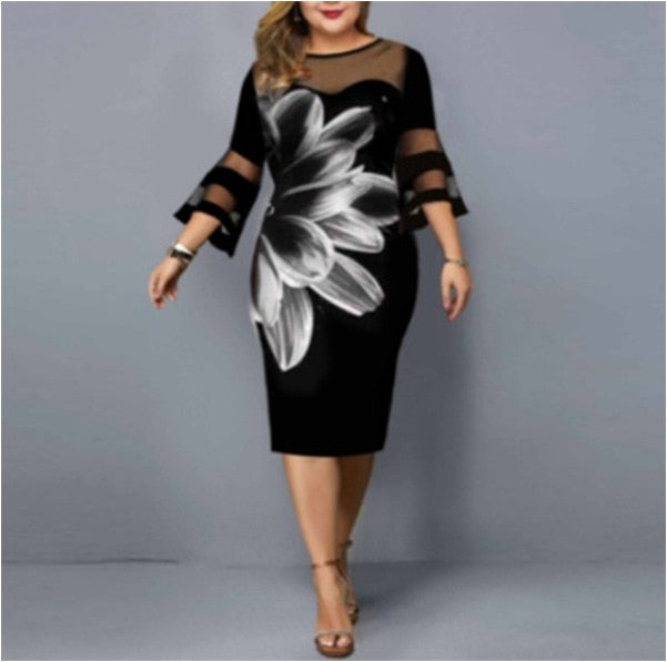 Plus Size Dress Women Evening Party Midi Elegant Mesh Lace Print Floral