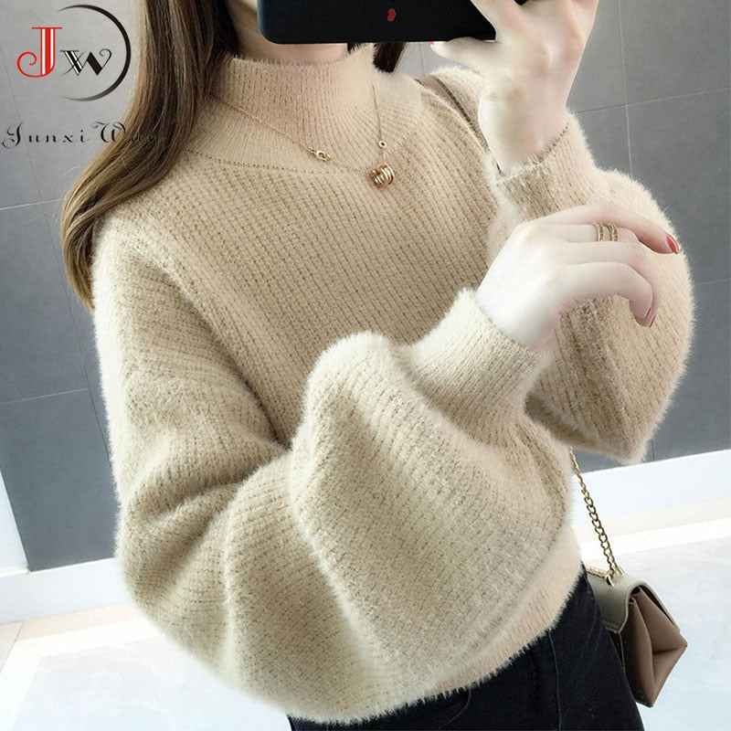 Thick Mohair Women Sweaters Turtleneck Soft Lantern Sleeve Short Pullovers